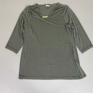 CARAVEL SAMSUNG Tunic Top Womens Medium Green 3/4 Sleeve V Neck with Gold Accent